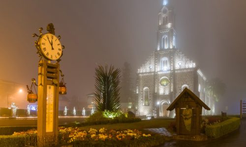 St. Peter the Apostle Mother Church (Igreja Matriz São Pedro Apóstolo) and famous thermometer in night lighting - Gramado, Rio Grande do Sul, Brazil